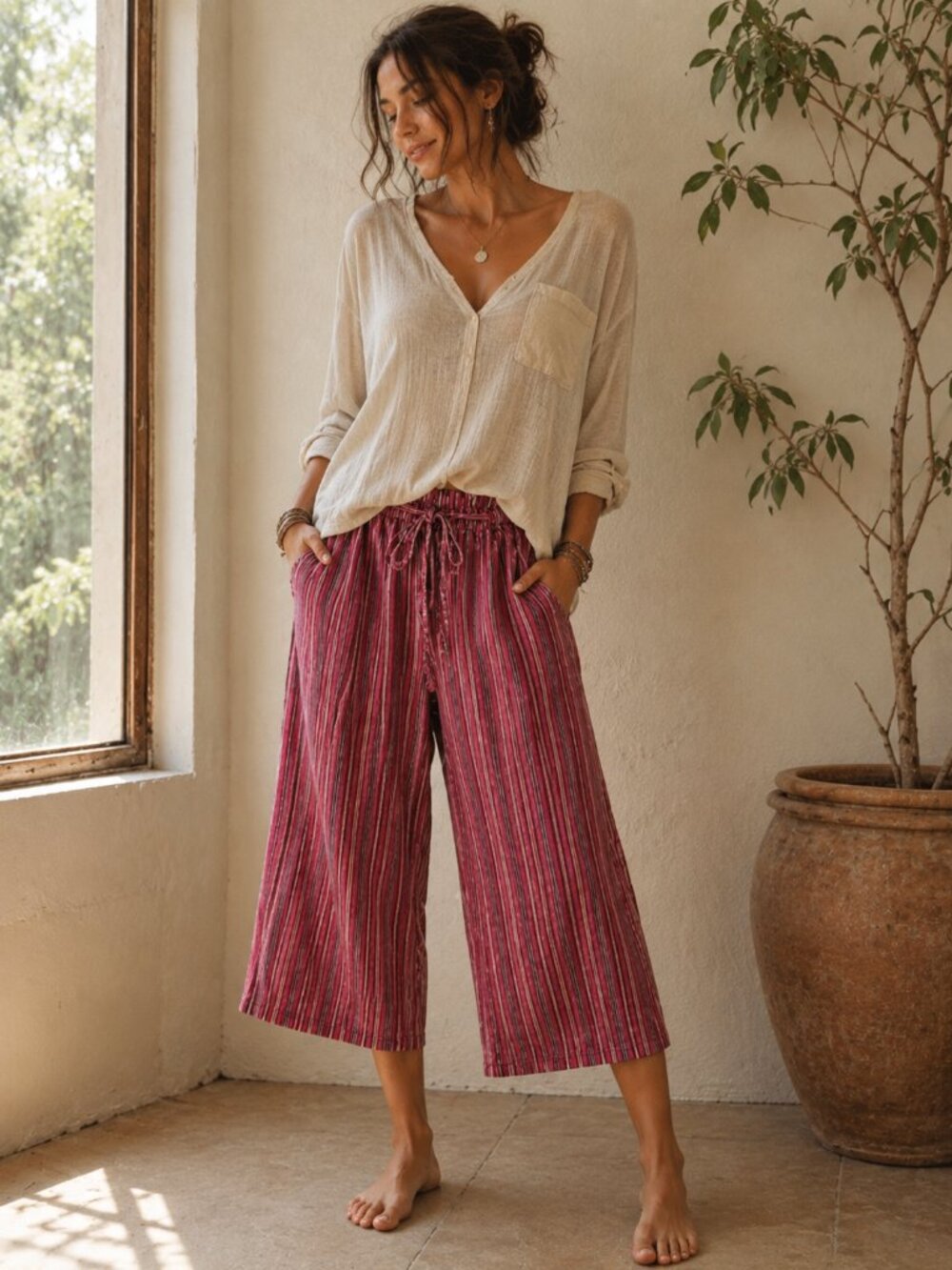 American Eagle Cotton Linen Blend Striped Wide Leg Cropped Capri Pants Medium